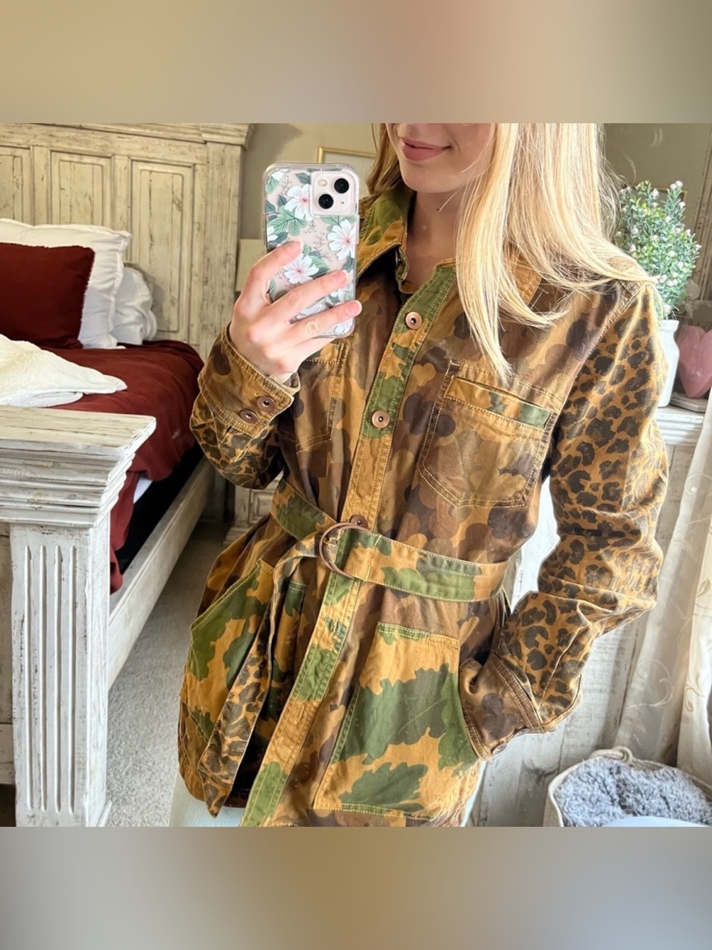 Anthropologie Mixed Camo & Leopard Utility Jacket - Olive Brown